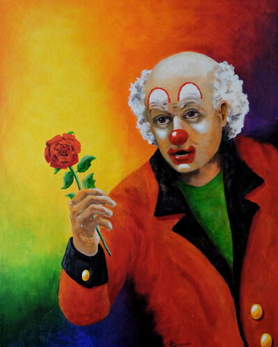 XDiversen Acryl Clown schenkt een roos 080 x 060 [R. Schreurs]